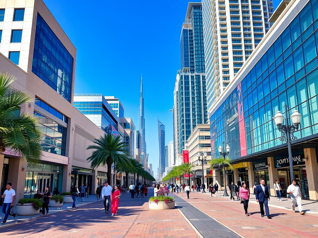 A bustling city street with palm trees, modern buildings, and the Burj Khalifa towering in the background, under a clear blue sky.