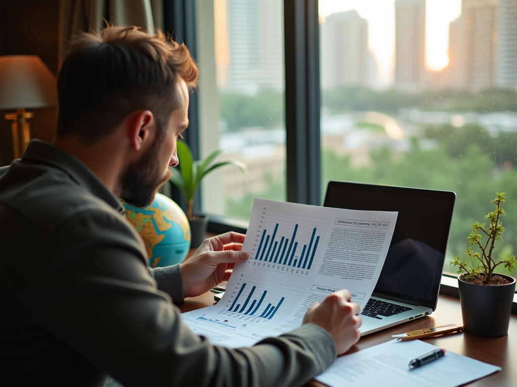 Man analyzing charts on paper next to laptop in office with city view at sunset.