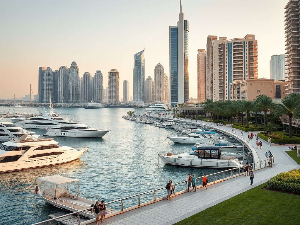 A picturesque waterfront view with yachts, palm trees, and modern skyscrapers under a sunset sky.