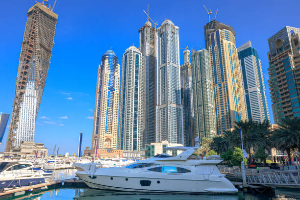 Skyscrapers, luxury yacht, and waterfront properties in Dubai, examples of real estate foreigners can buy.