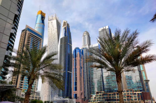 Modern high-rise buildings and palm trees in a typical real estate zone of Dubai showcasing the cityscape.