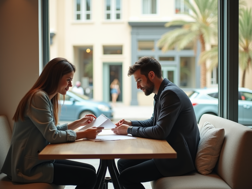 Two professionals discussing documents at a table in a bright café with street views.