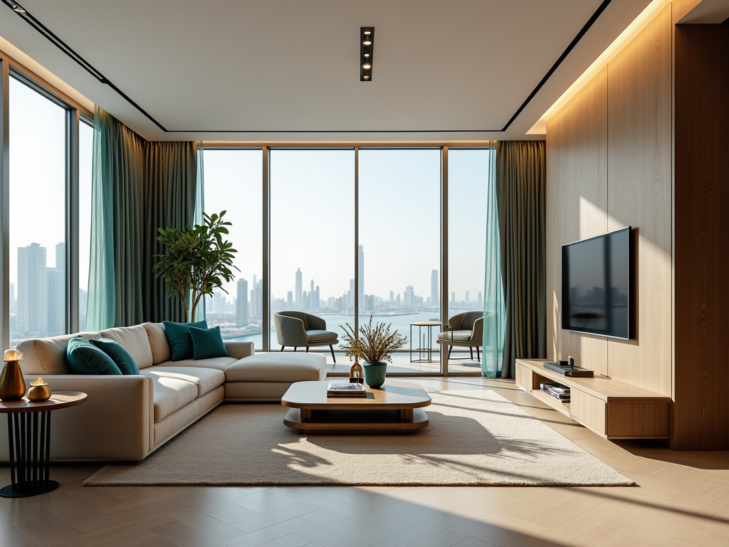 Modern living room with city skyline view, large windows, and stylish furnishings.