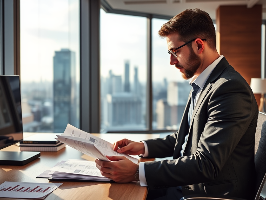 A man in a suit sits at a desk reading documents with a city skyline visible through large windows.