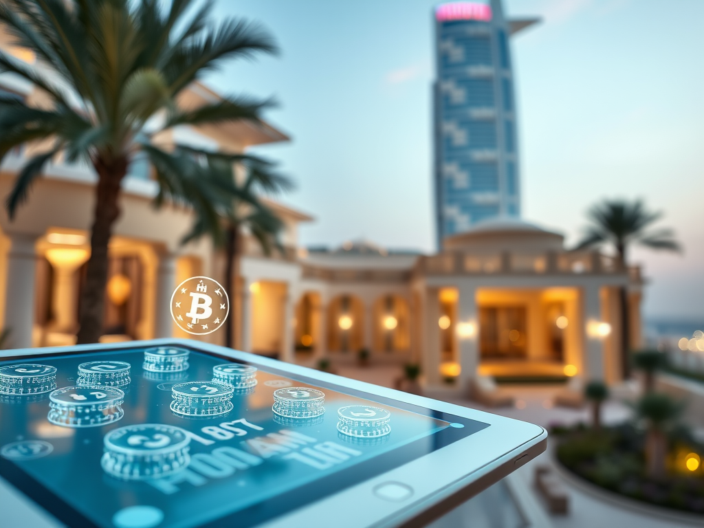 A tablet displays virtual coins with a Bitcoin symbol, set against a luxury hotel backdrop and palm trees.