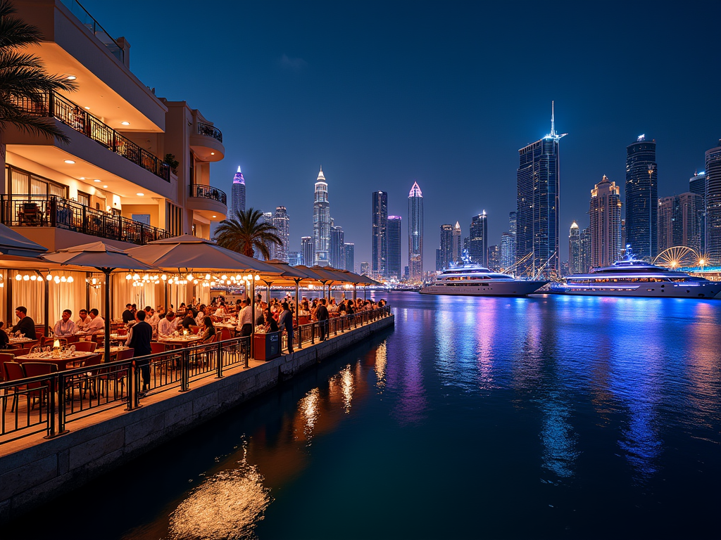 Outdoor dining by a waterfront with city skyline illuminated at dusk.