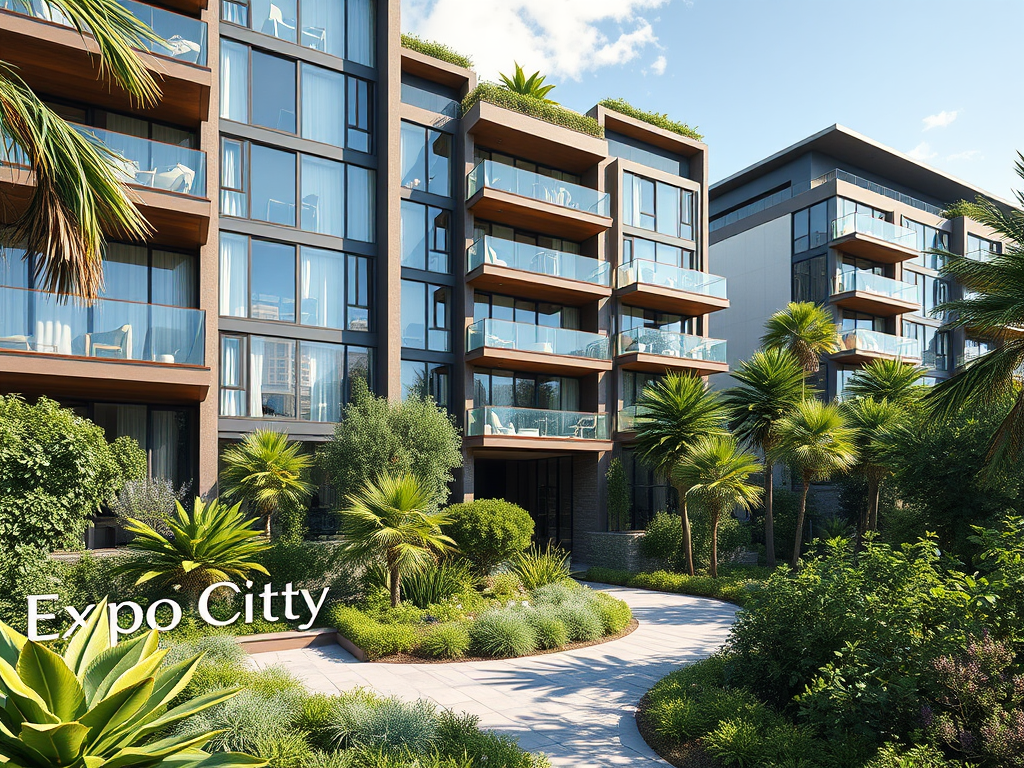 Modern buildings with balconies surrounded by lush greenery and palm trees, labeled “Expo City.”