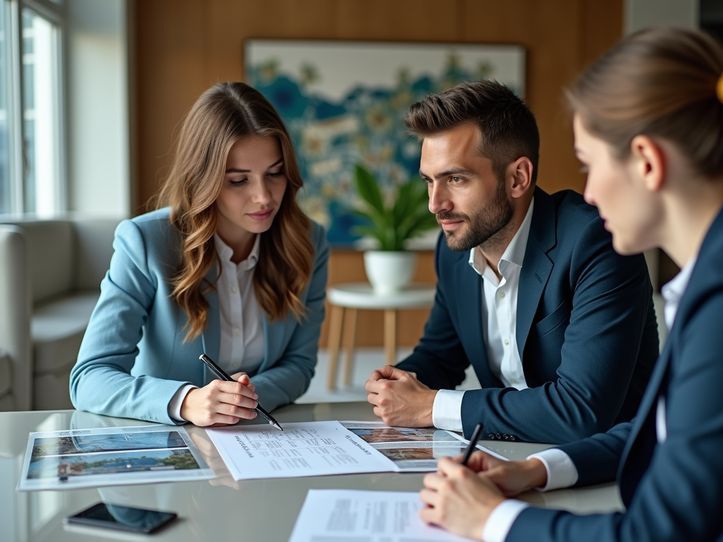 Three professionals in a meeting room, reviewing documents on a table.