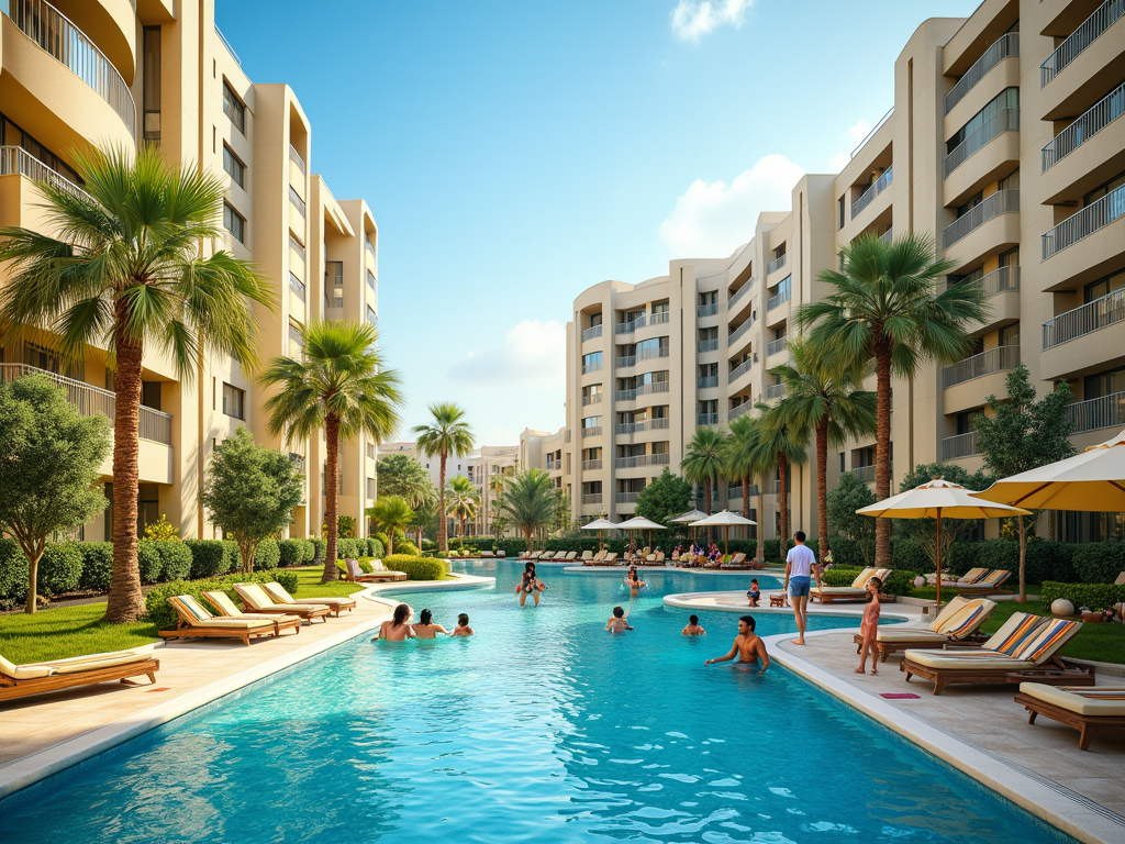 People enjoying a sunny day at a resort pool with loungers and palm trees.