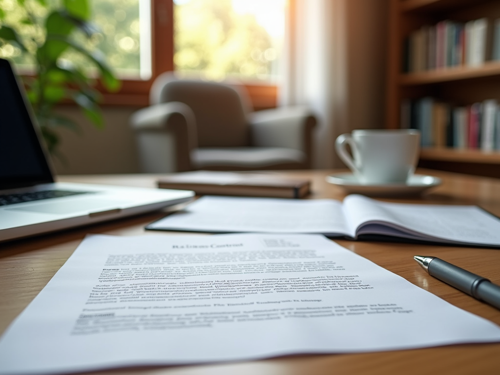 A focused shot of a document on a desk with a laptop, cup, and open books in a sunny room.