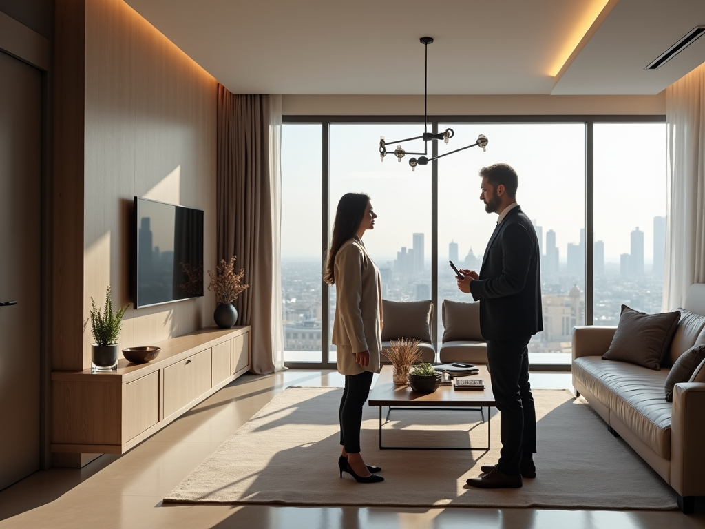 Two people conversing in a modern living room with city skyline view.