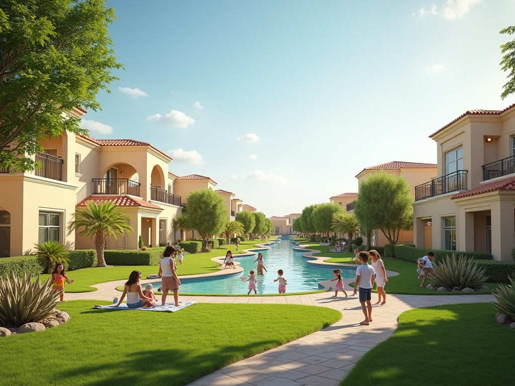 Vibrant community enjoying a sunny day by a serene pool, surrounded by elegant Mediterranean-style homes.