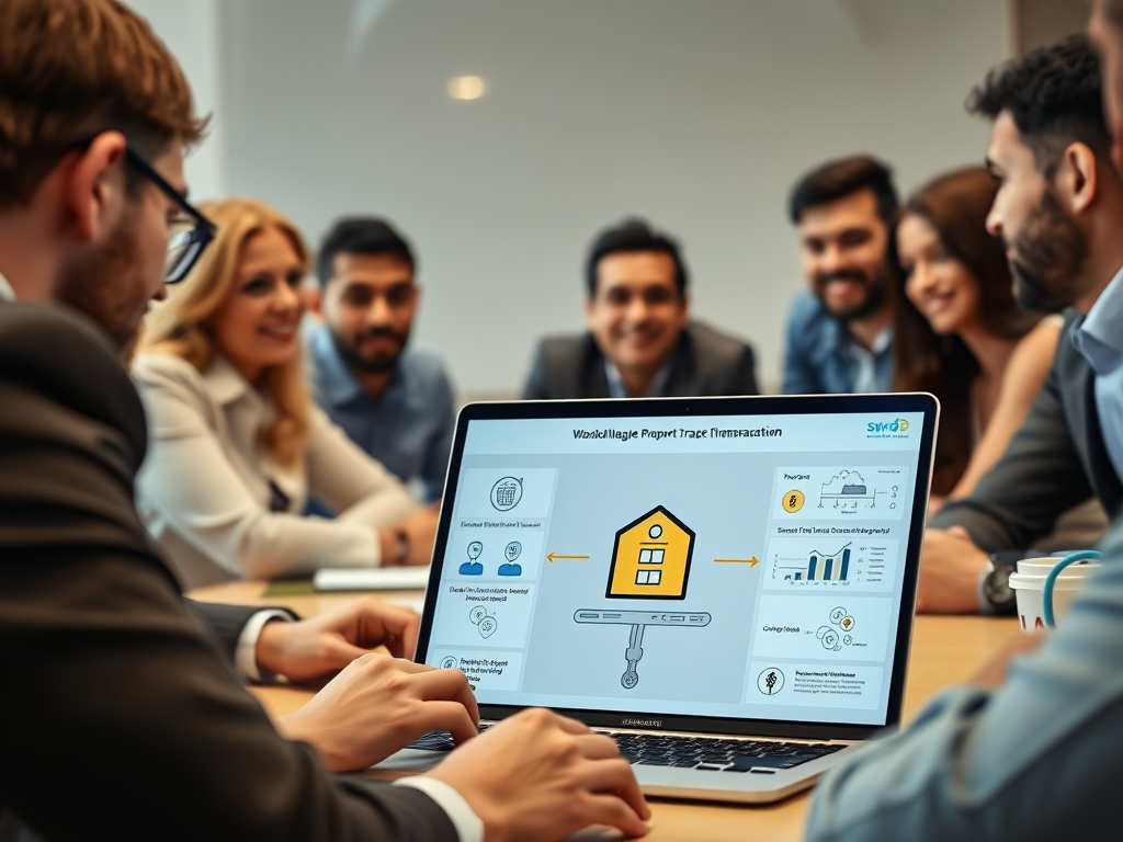 A group of professionals in a meeting, focused on a laptop displaying a property transaction presentation.