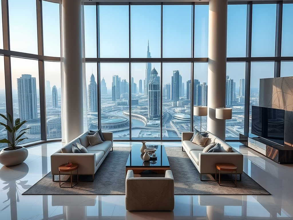 A modern, stylish living room with panoramic city views, featuring plush sofas and a sleek coffee table.