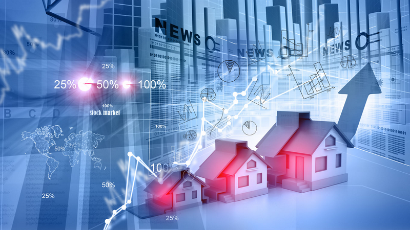 A digital collage featuring charts, graphs, and model houses, representing statistics and real estate market trends.