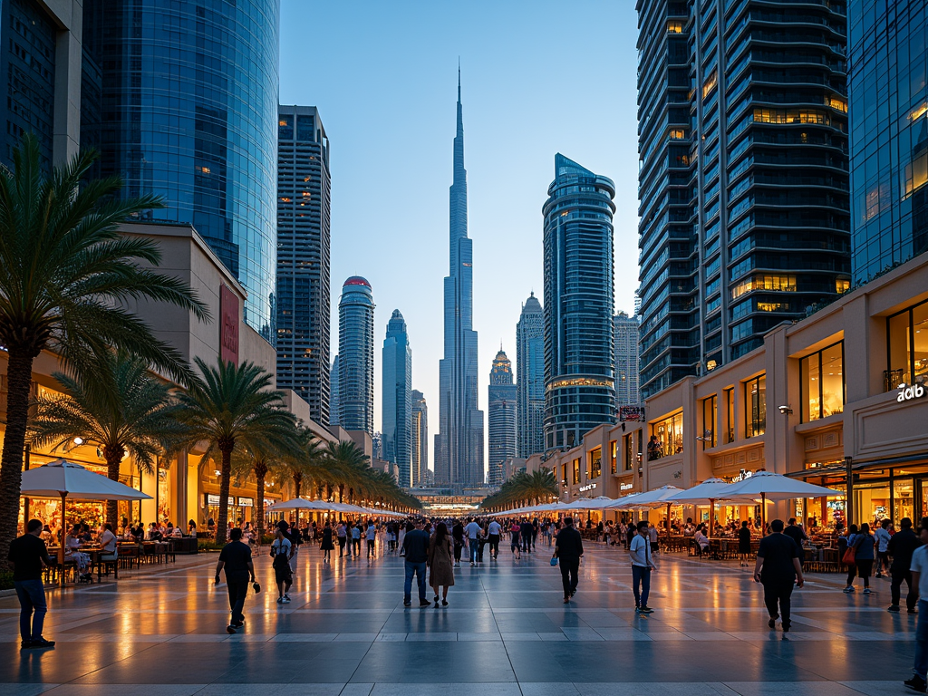 Pedestrians walking on a street flanked by modern skyscrapers and shops during twilight.