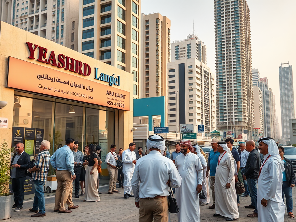 A group of people gathered outside a building with signs in Arabic and English, surrounded by urban architecture.