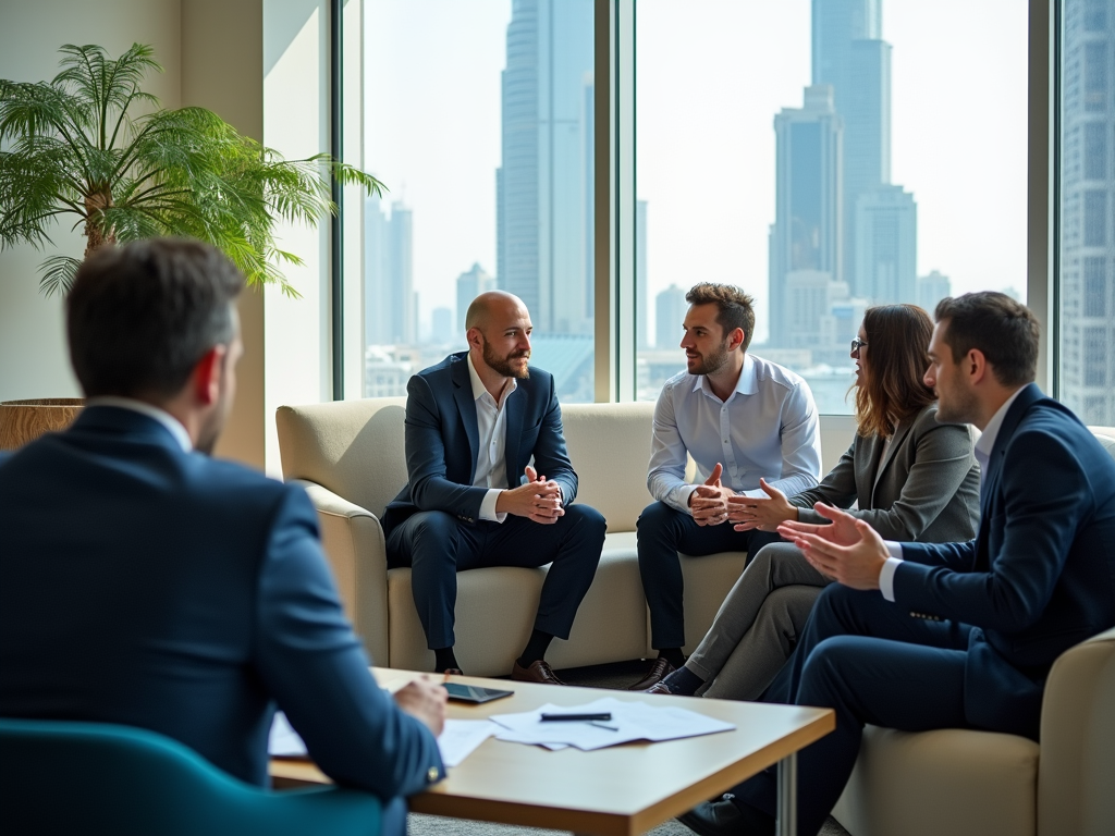 Business professionals engaged in a discussion in a modern office with city views in the background.