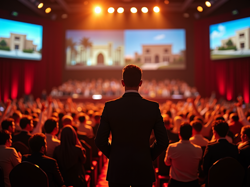 Man in suit at real estate conference, facing audience with property images on screen.