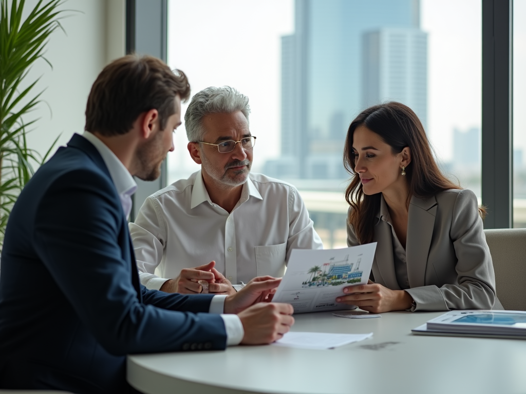 Three professionals discussing over documents in a bright office with cityscape background.