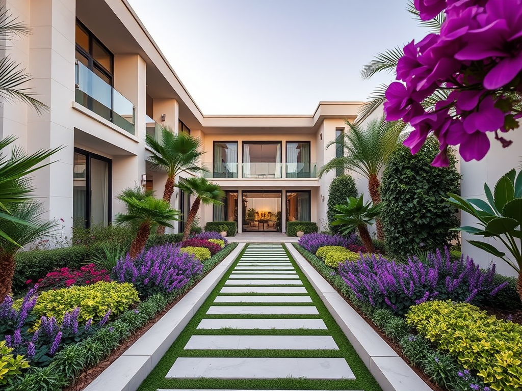 A tranquil courtyard features a pathway lined with vibrant flowers and greenery, leading to a modern home entrance.