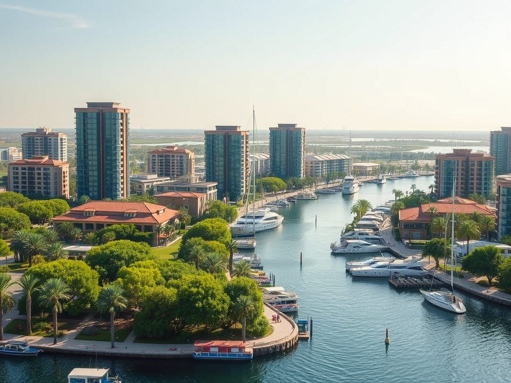 A serene harbor view with modern buildings, lush greenery, and sailboats along the calm water under a sunny sky.