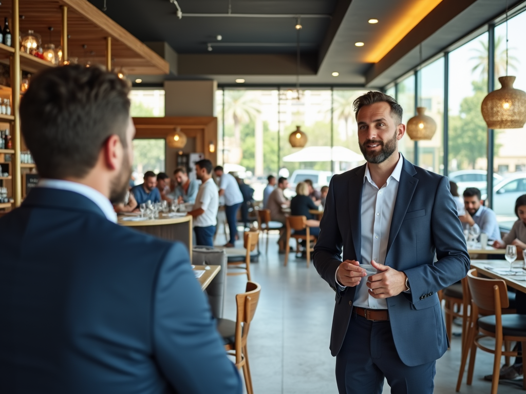 Man in suit conversing with a colleague in a bustling, stylish restaurant.