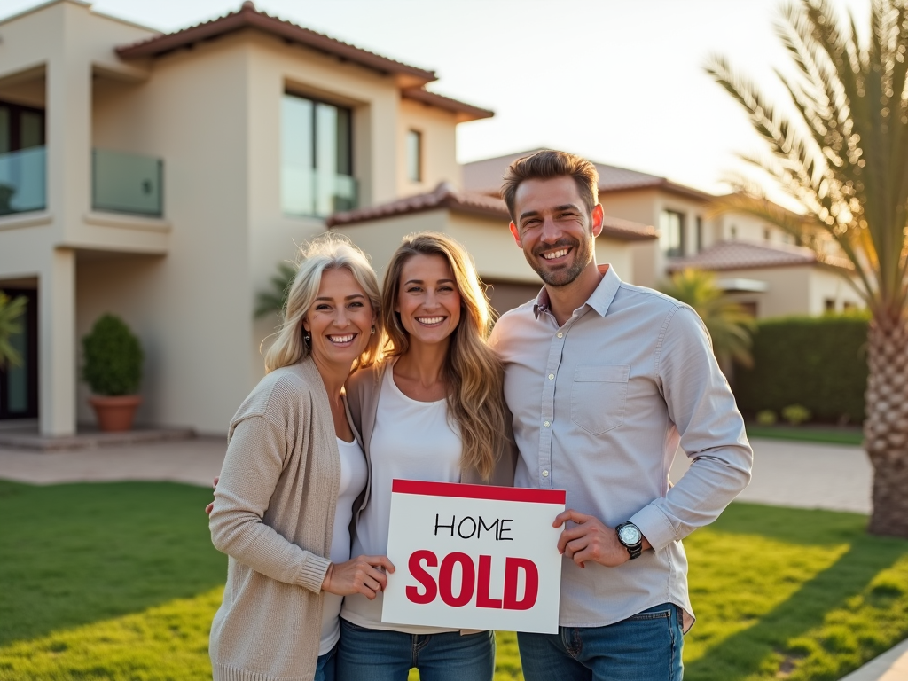 Three people smiling in front of a house, holding a "Home Sold" sign.