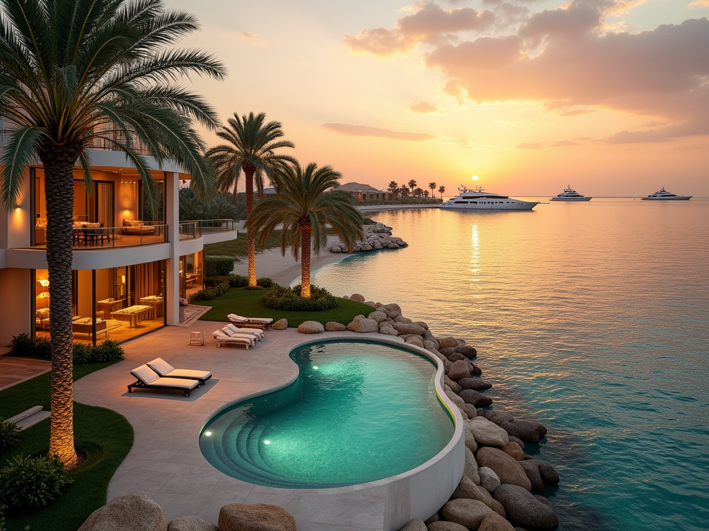 Luxury beachfront villa with a pool at sunset, palm trees, and yachts in the background.