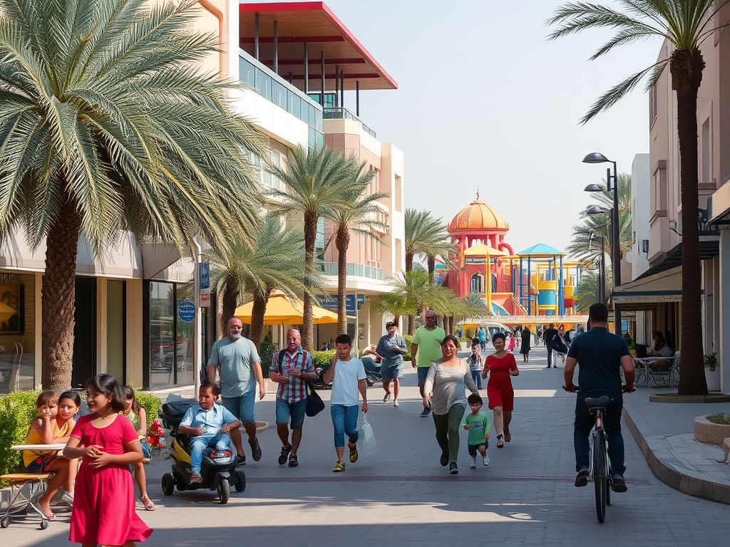 A vibrant street scene with families walking past shops and palm trees, featuring a colorful playground in the background.