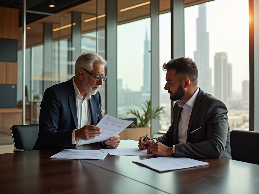 Two businessmen discussing documents at a boardroom table with a city skyline in the background.