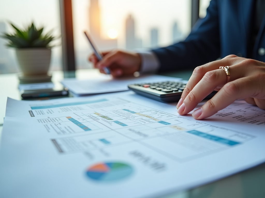 Business professional reviewing financial charts and graphs on a desk with a calculator.