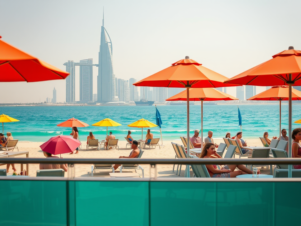 A beach scene with colorful umbrellas, lounge chairs, and a vibrant city skyline in the background.