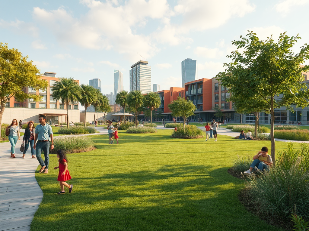 A vibrant urban park with people walking, children playing, and modern buildings in the background under a sunny sky.