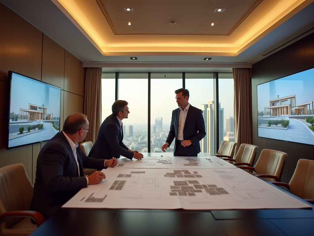 Three businessmen discussing over architectural plans in a modern conference room with city views.