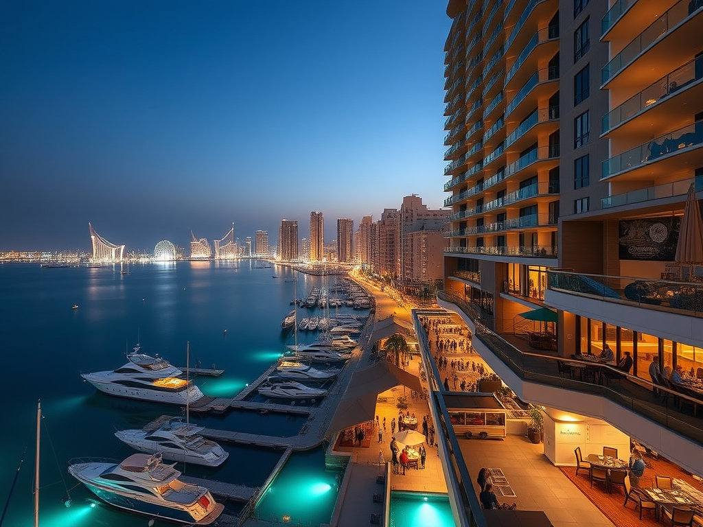 A waterfront view at dusk, featuring yachts, bustling walkways, and illuminated buildings along the coast.