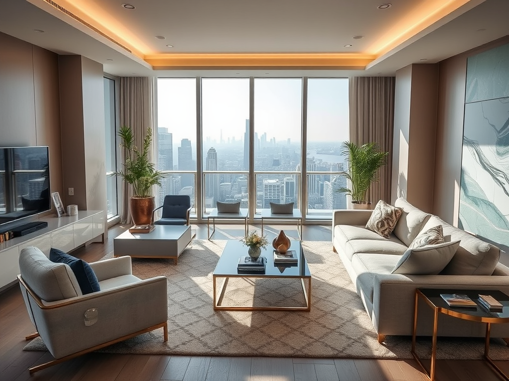 A modern living room featuring large windows, stylish furniture, and stunning city skyline views.