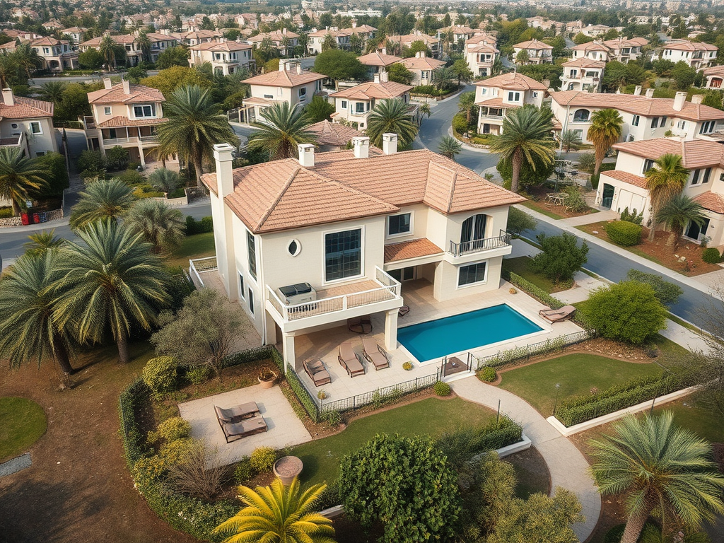 Aerial view of a modern house with a pool surrounded by gardens, within a residential area filled with palm trees.